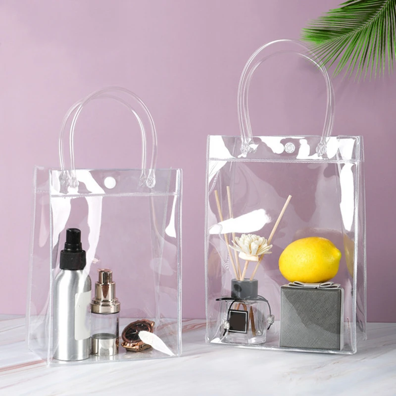 10/20pcs/lot Transparent Soft PVC Gift Tote Packaging Bags with Hand Loop Clear Plastic Handbag Cosmetic Bag