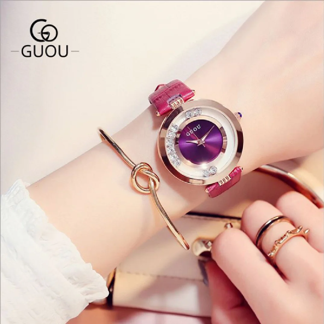 Fashion Ladies Watch Guou Top Brand Montre Femme Luxury Women's Watch Rhinestone Bracelet Genuine Leather Clock Bayan Kol Saati enlarge