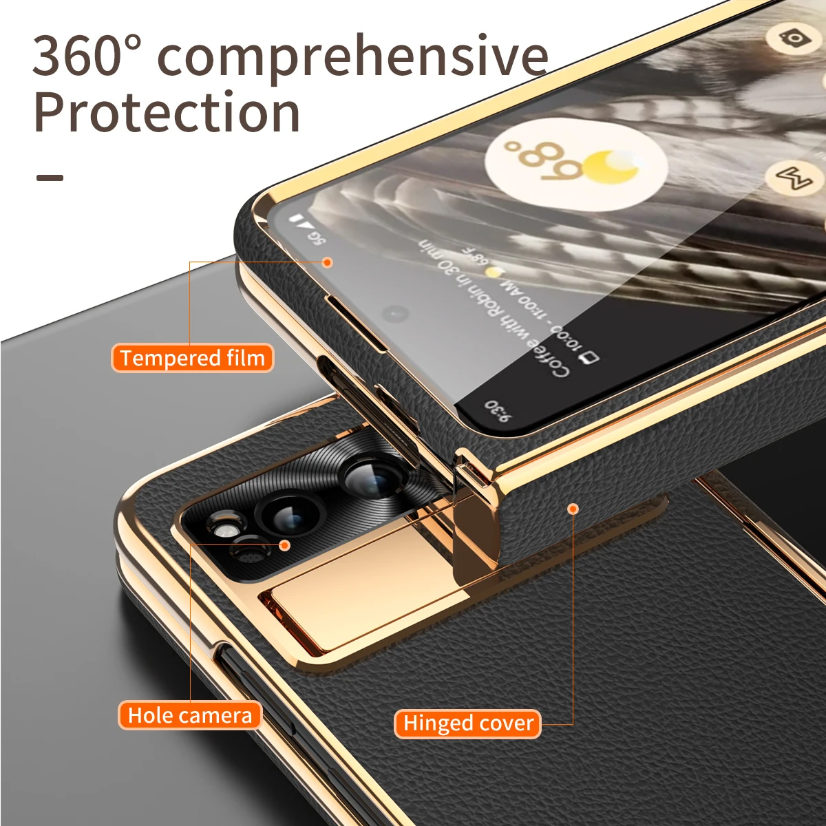For Google Pixel Fold Case Luxury Electroplating Lychee Patterned Plain Leather Bracket Folding Hinge With Tempered Film Cover