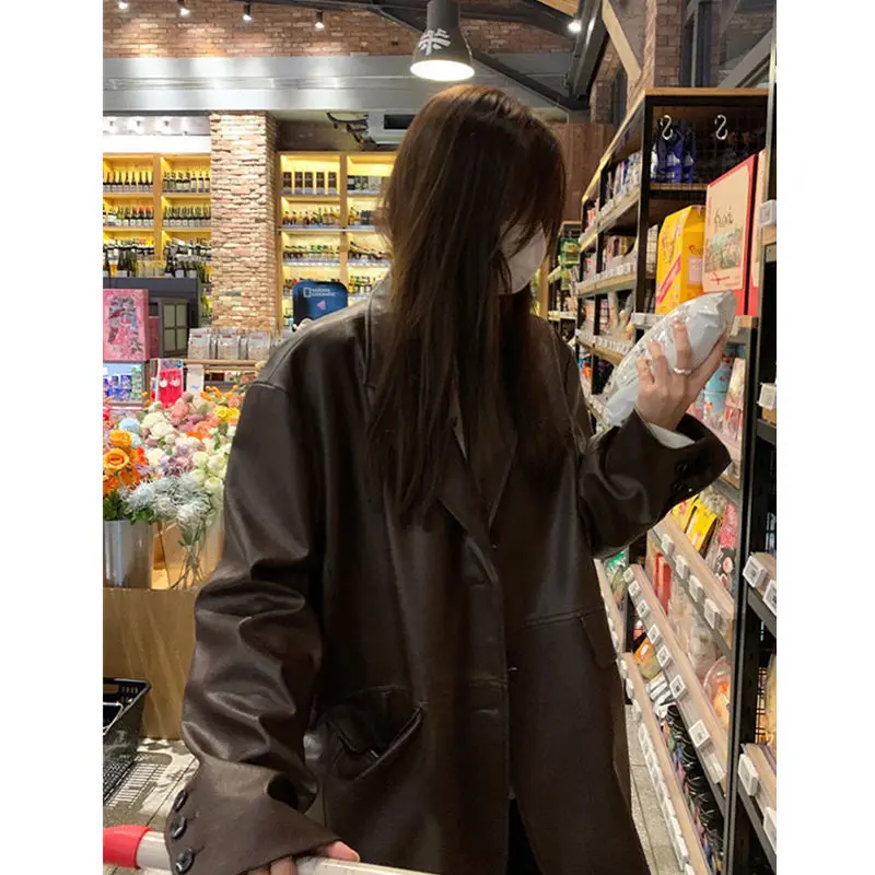 Loose Korean Casual Oversize Cool Fashion Design Retro Pu Leather Suit Jacket Women Brown Korean Girl Autumn Winter Clothes