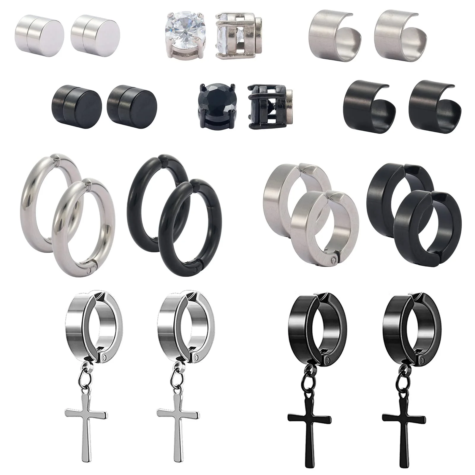 

1-12 Pairs Magnetic Non Piercing Stud Earrings Stainless Steel Clip on Dangle Cross Hoop Earrings Fake Gauge Cuff Earrings Set