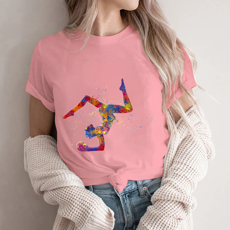 

Artistic Gymnastics Pink T-shirt Watercolor Ballet Dancer Printed T Shirts Female Sports Lovers Kawaii Clothes Y2k Vintage Tees