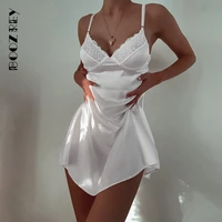 boozrey sexy lace v neck backless white sling dress women clothing 2022 summer satin beach party mini dresses for women