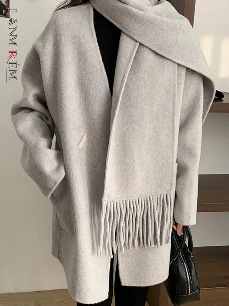 

[LANMREM] Fashion Scarf Collar Wool Warm Coats For Women Double Button Long Sleeve Female Outwear 2023 Winter New 26D7345