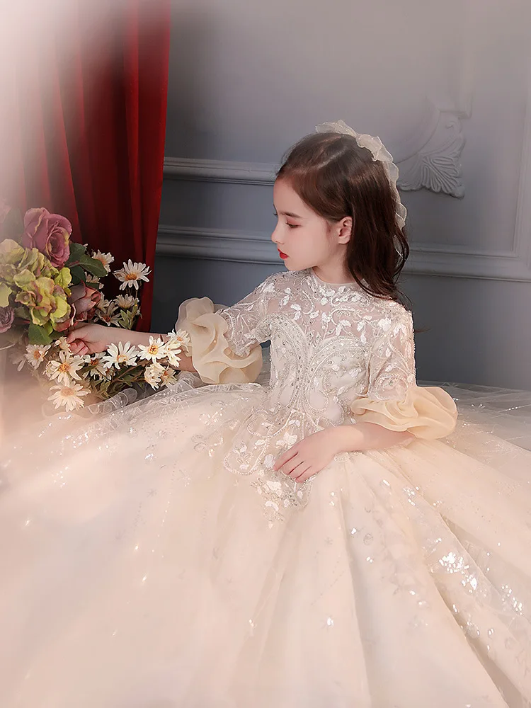 

Children Pageant Gown Girls Princess long Dress Sequin Lace Gorgeous Party ball gown Flower girl Wedding Dress Girls Dress