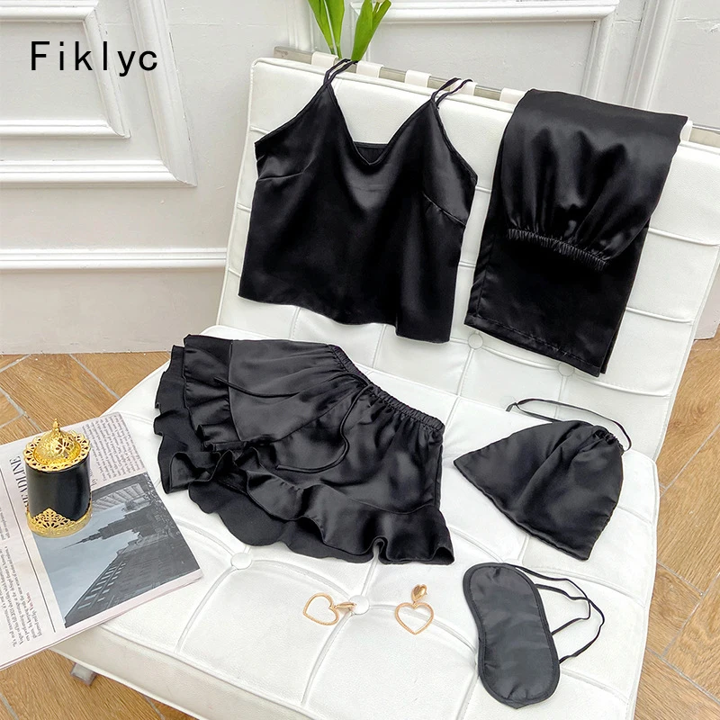 

Fiklyc 5Pieces Women Tops + Short Trousers + Long Trousers+ Eye Mask + Storage Bag Summer New Black Fashion Pajamas Sets Satin
