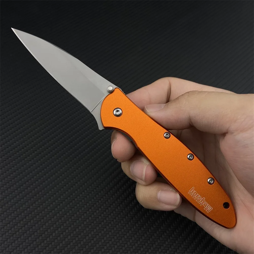 

Kershaw 1660 Ken Onion Leek Assisted Flipper Knife 3" Plain Blade, Orange / Green Handle Outdoor Pocket Folding Knives Gifts Box