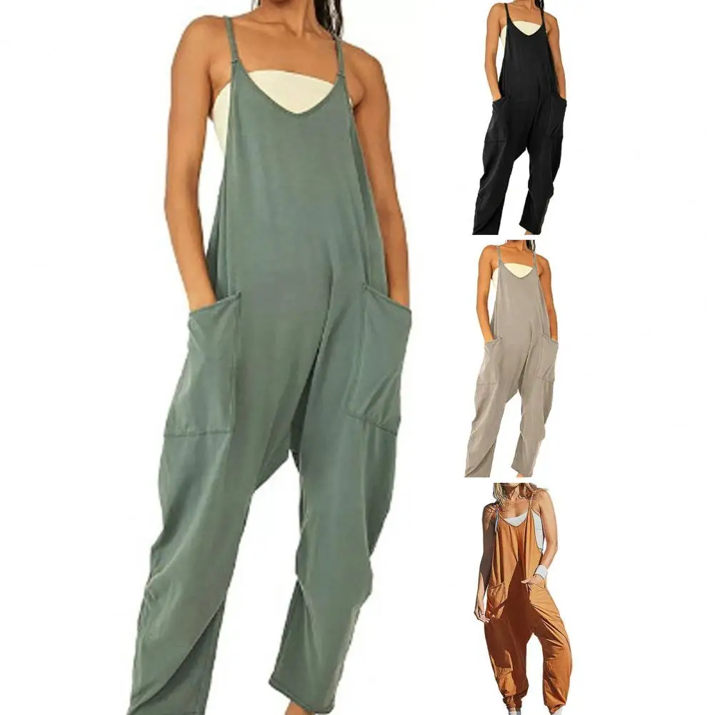 

Women Summer Jumpsuit Low Cut V Neck Loose Solid Color Backless Cooling Sleeveless Wide Leg Overall Jumpsuit Pocket Bodysuits