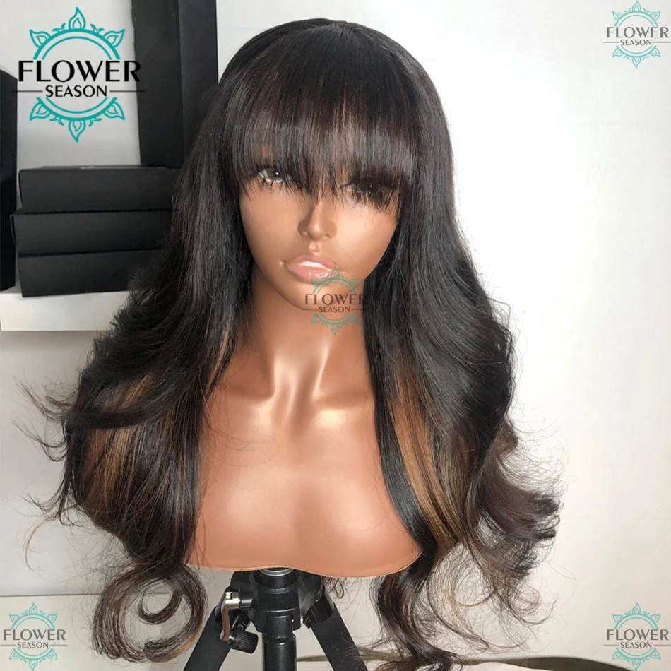 

Парики из человеческих волос коричневого цвета с челкой, волнистые, без клея, 180% плотности