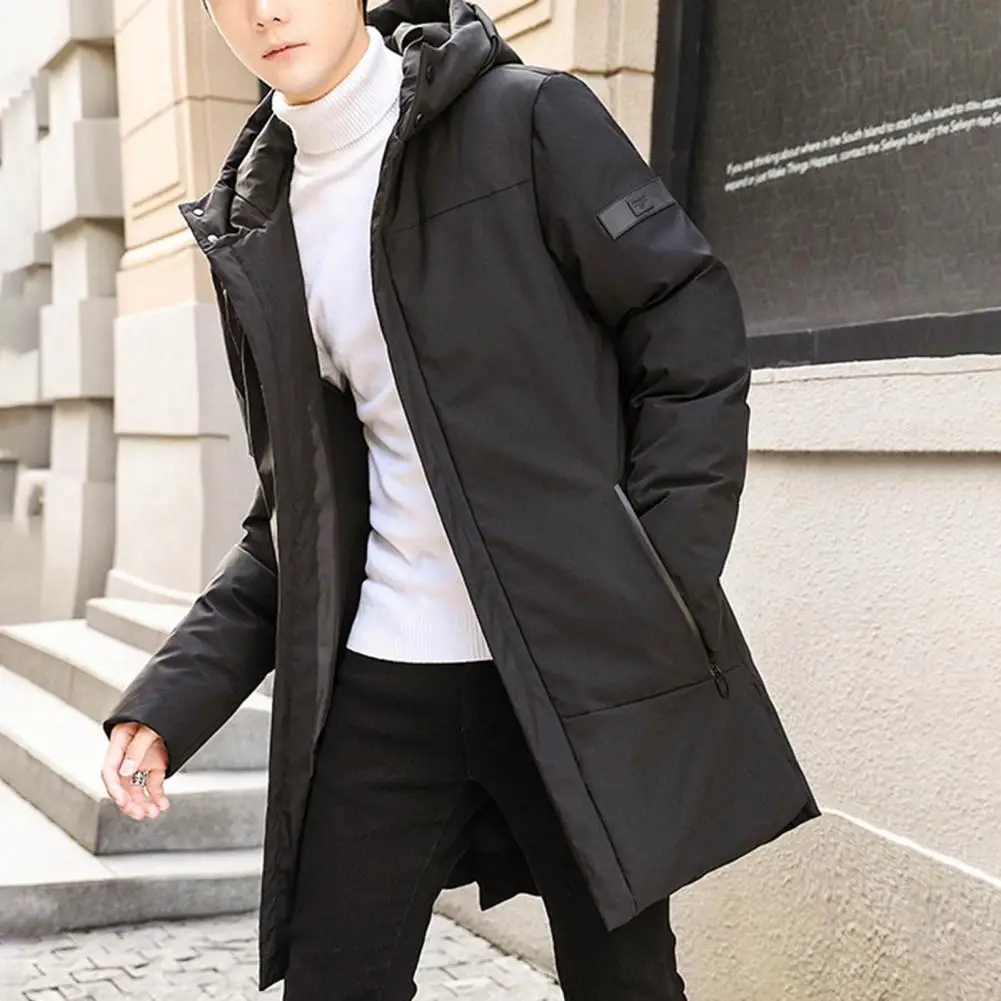 Men Winter Coat Thicken Mid Length Solid Color Padded Hooded Keep Warm Zipper Pockets Plus Size Winter Cotton Coat for Outdoor