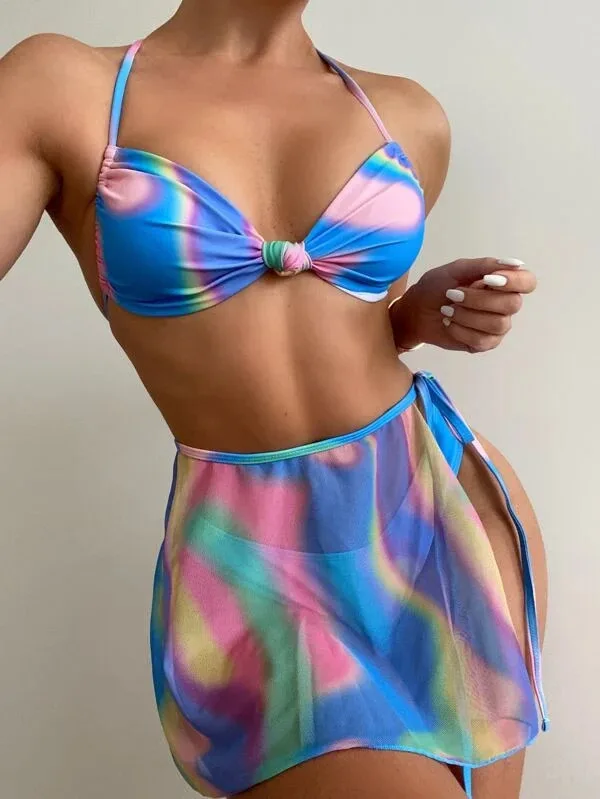

Tie Dyed 3Pcs Bikinis Set Women Halter Bathing Suit Summer Sexy Bandage Swimming Suit+Lace Up Sarong Cover-ups 2022 Beachwear