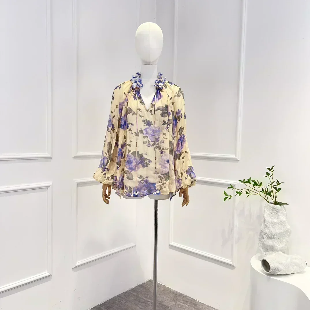 

Appliques 2023 New Purple Floral Print Lace-up Vintage High Quality Long Lantern Sleeve Woman Casual Blouse