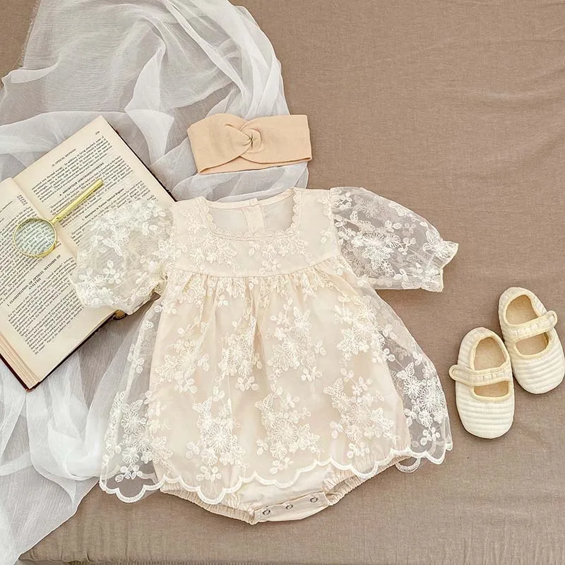 

Newborn Baby Girl Lace Dress Romper 0-2Years Princess Short Sleeve Solid Color Embroidery Flower Skirted Bodysuit Outfit Clothes