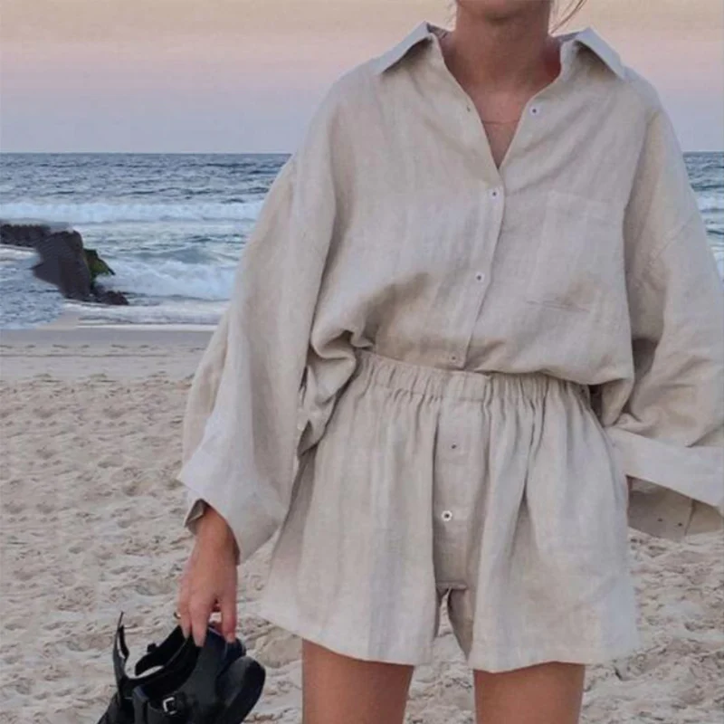 Summer Casual Oversized Linen Solid Shorts Women Set Loose Single-breasted Shirt and Elastic Waist Trousers 2 Pieces Sets 2023