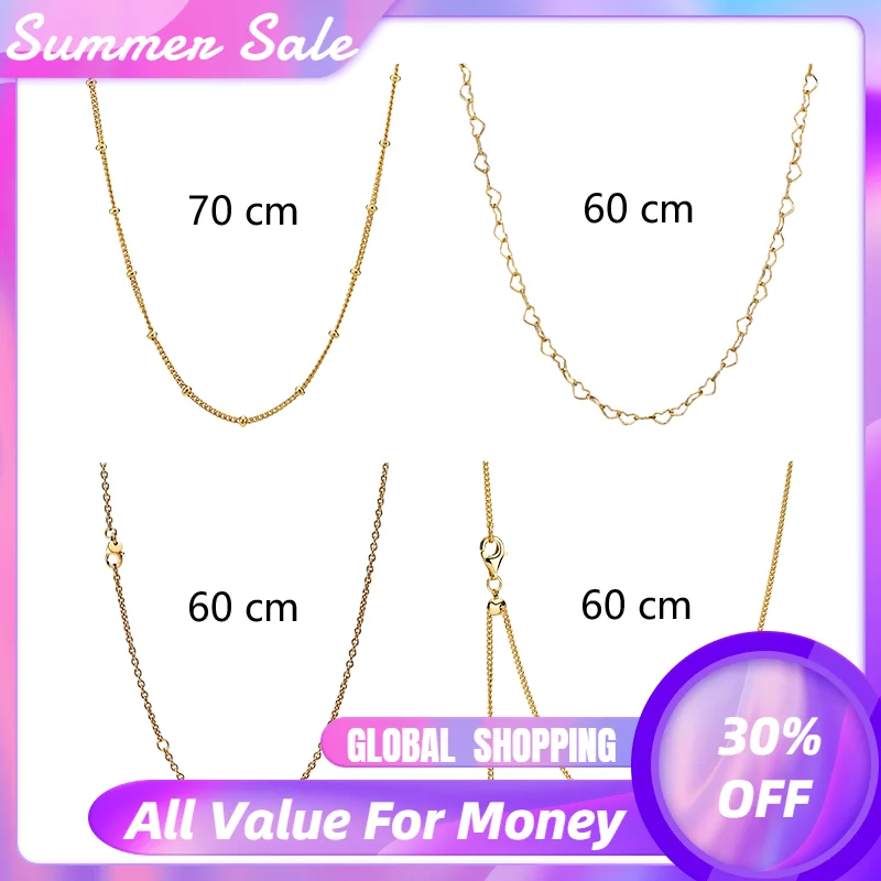 

18K Shine Gold Silver 925 Original Beaded Joined Hearts Cable Curb Link Chains Necklaces For Women Fine Jewelry On The Neck Gift