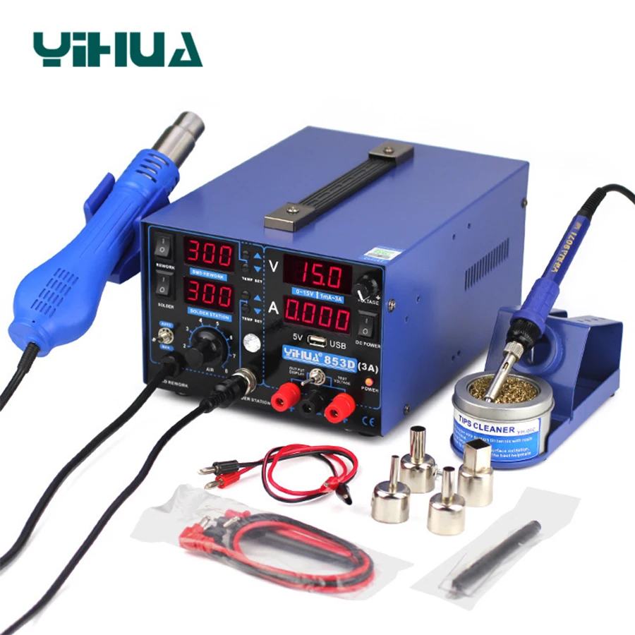

YIHUA 853D 3A USB Soldering Station Hot Air Gun 3 In 1 SMD DC Power Supply Rework Stations 110V 220V EU US PLUG Solder Station