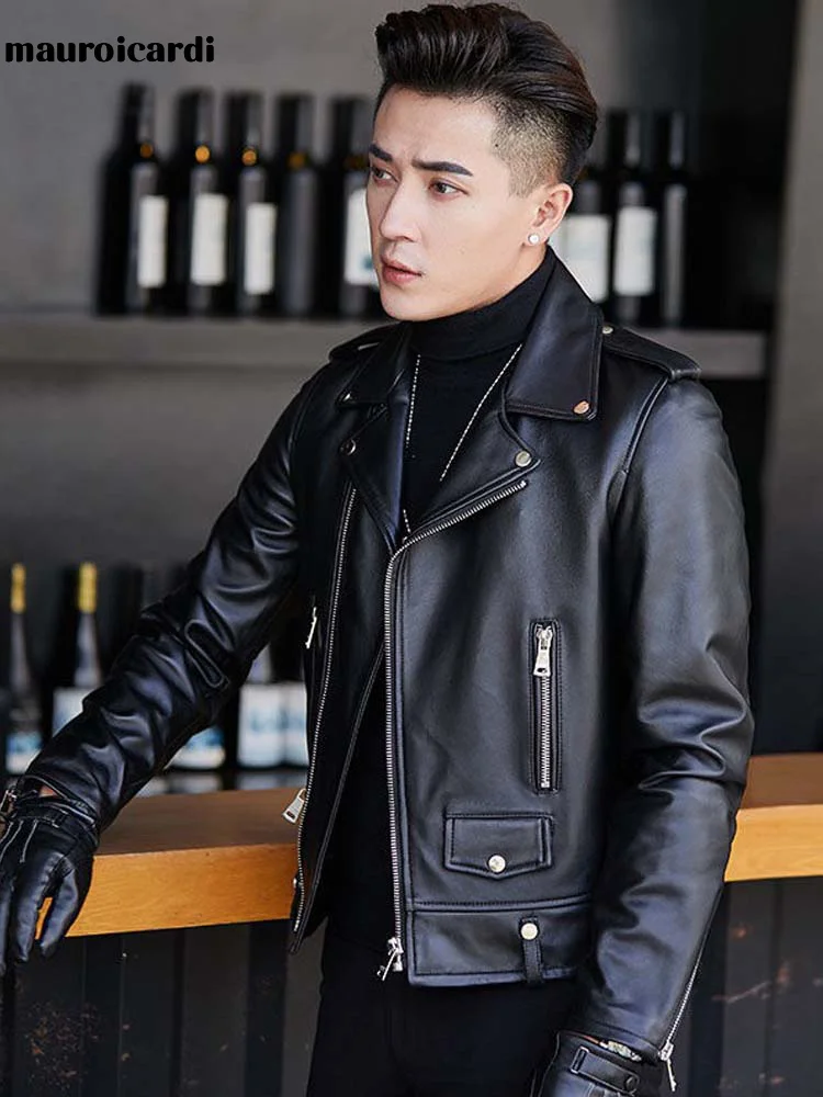 

Spring Short Cool Black Leather Biker Jacket Men Long Slve Zipper Waterproof Faux Leather Jackets for Men Style