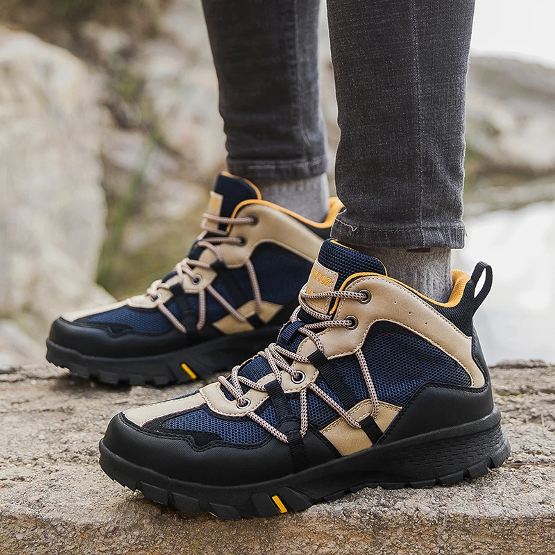 HIKEUP High-Top Mountaineering Hiking Men's Shoes Outdoor Sneaker Cushioned Rubber Sole Comfortable Breathable Suede Leather
