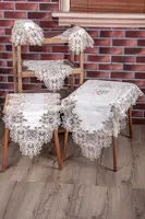 Mihrimah Cream 5 Piece Velvet Living Room Set Crocheted Table Cloth Runner Set