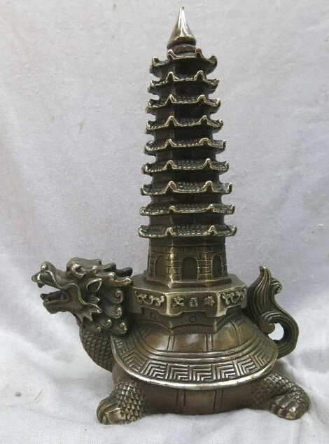 

wholesale factory 9inch China brass nine storie Pagoda of Cultural Prosperity on Dragon Turtle Statue