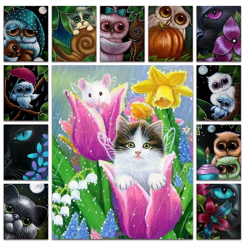 

Full Square Diamond painting Cross stitch Animal kitten DIY Diamond embroidery colorful cat flower Full Round Diamond mosaic owl