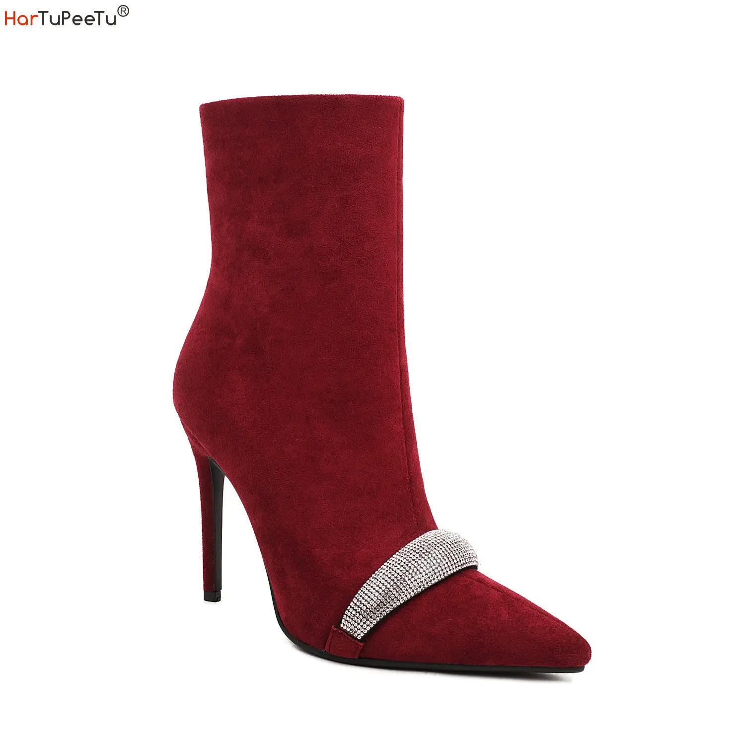 

Elegant Red Black Ankle Boots Women Crystal Ponted Toe High Heels Shoes Fall Spring Sexy Elastic Flock Zipper Nightclub Stiletto