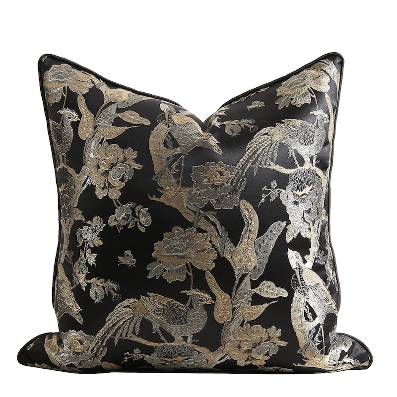 Ретро комната серебристо-серый черный Флора птица жаккардовый чехол для подушки