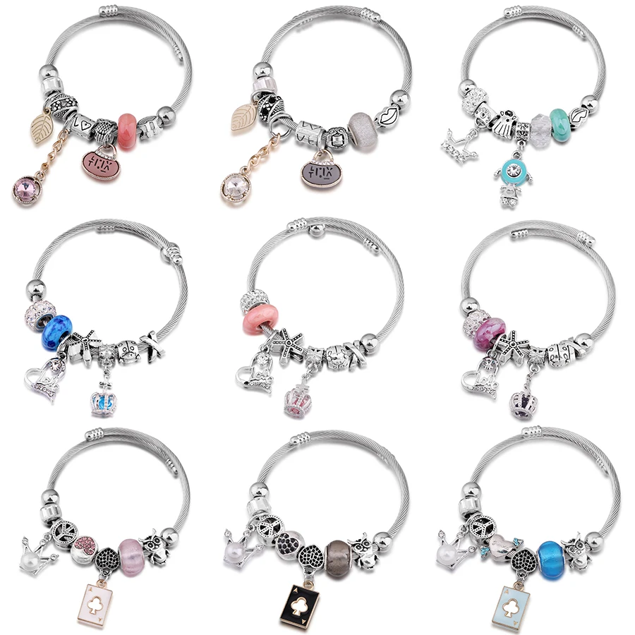 Beads For Bracelets Accessories Ice Cream Crown Robot Love Poker Daisy Owl Bracelet Stainless Steel Women Pendant Diy Jewelry