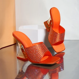 2022 Summer New Womens Slippers Fashion Sexy Square Head Rhinestone Transparent Crystal High Heel Banquet Shoes