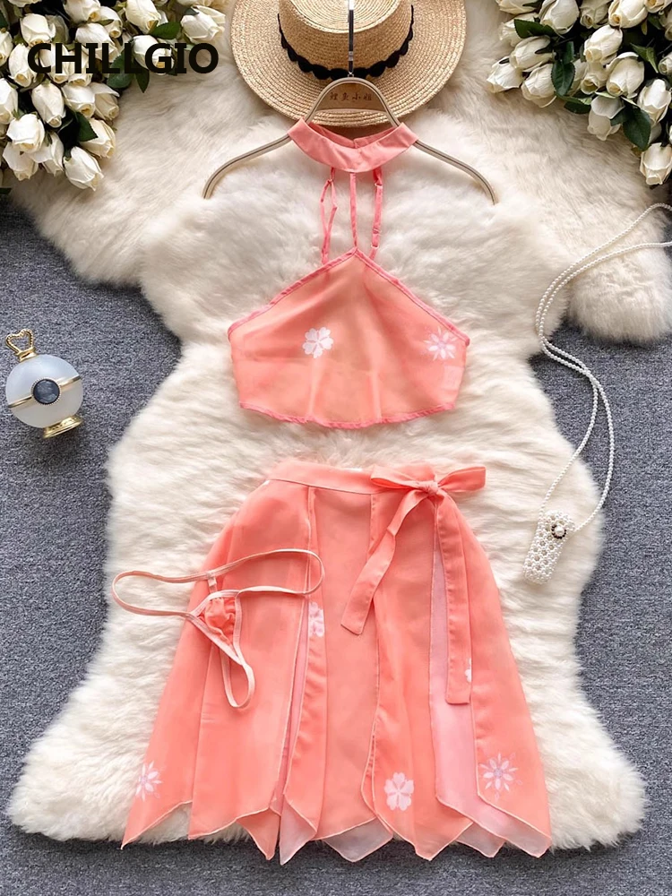 

CHILLGIO Women Vintage Floral Print Hanfu Skirt Suits Chinese Style Fashion Ins Exotic 3 Pieces Transparent Chiffon Pajamas Sets