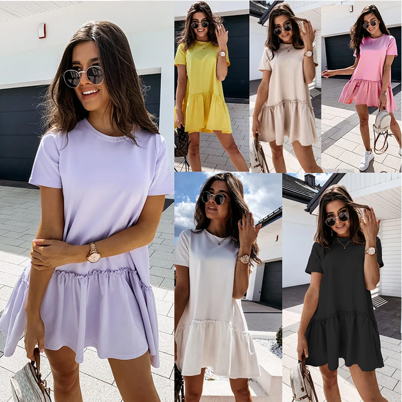 

Женское однотонное мини-платье с оборками, повседневное пляжное платье свободного покроя с круглым вырезом и большим подолом, Лоскутные Пл...