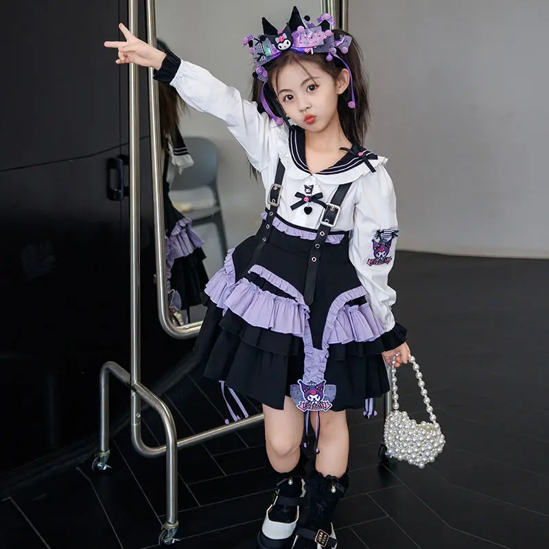 

Kawaii Sanrios Kuromi осень-зима Детский костюм мультфильм Лолита плиссированная юбка Jk костюм рубашка и юбка комплект из двух частей