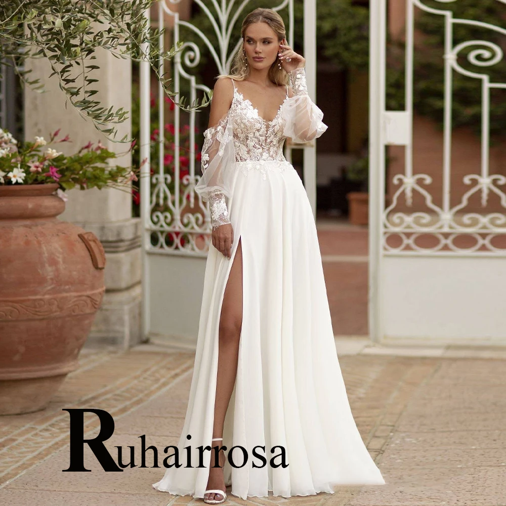 

Ruhair Modern Chiffon Wedding Dresses 2023 Bride Appliques Lace Beadings Backless V-Neck Side Slit Custom Made Robe De Mariée