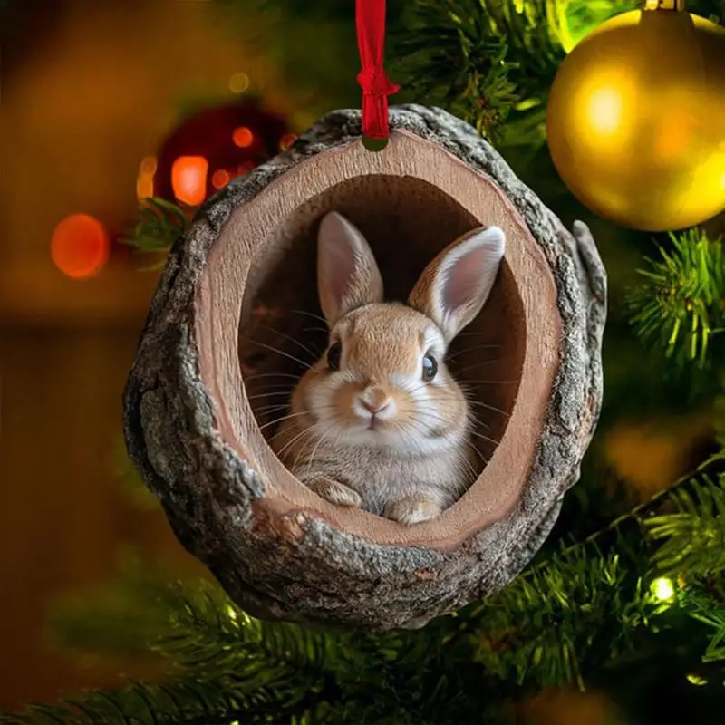 Christmas Decorations Squirrel in Tree Hole Ornament 2D Acrylic Pendant DIY Animal Decoration Owl Hedgehog Bunny