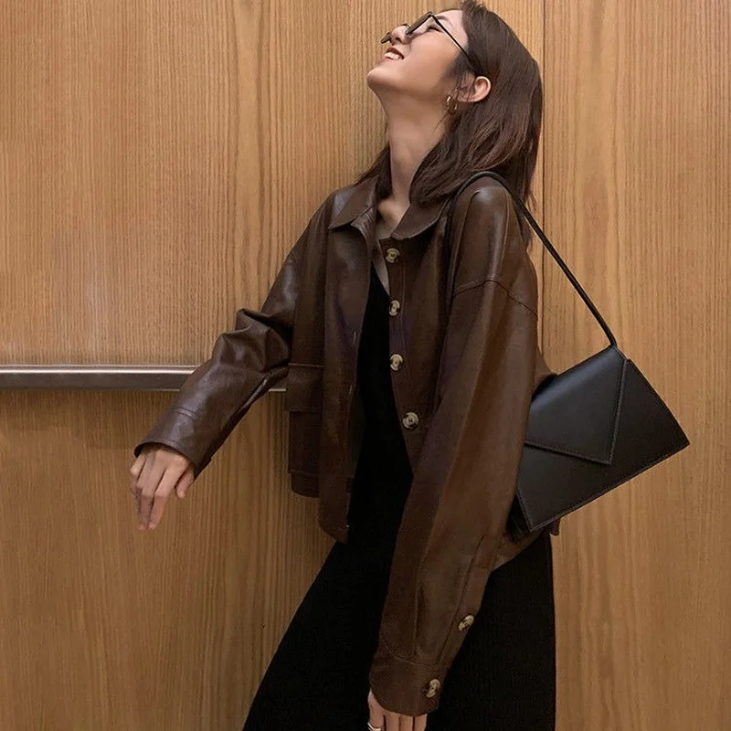 Short Brown PU Leather Jacket Women's Long Sleeves Drop Shoulders Faux Leather Jacket Women's Spring Jacket Plus Velvet Thick