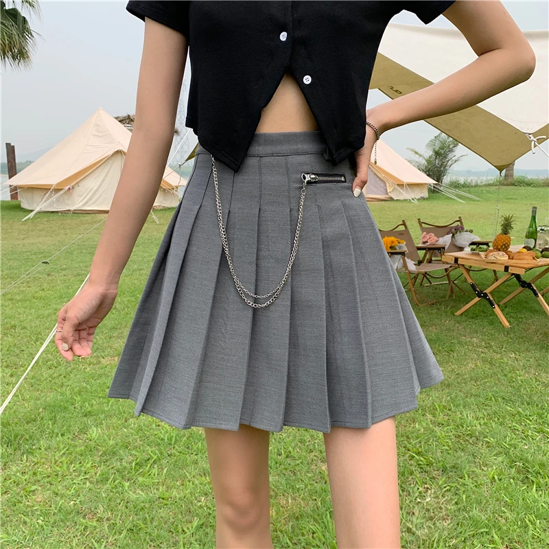 

Women Chain High Waist Harajuku Pleated Skirt Summer Kawaii A-line Skirt Ladies Japanese School Uniform Mini Skirts Female