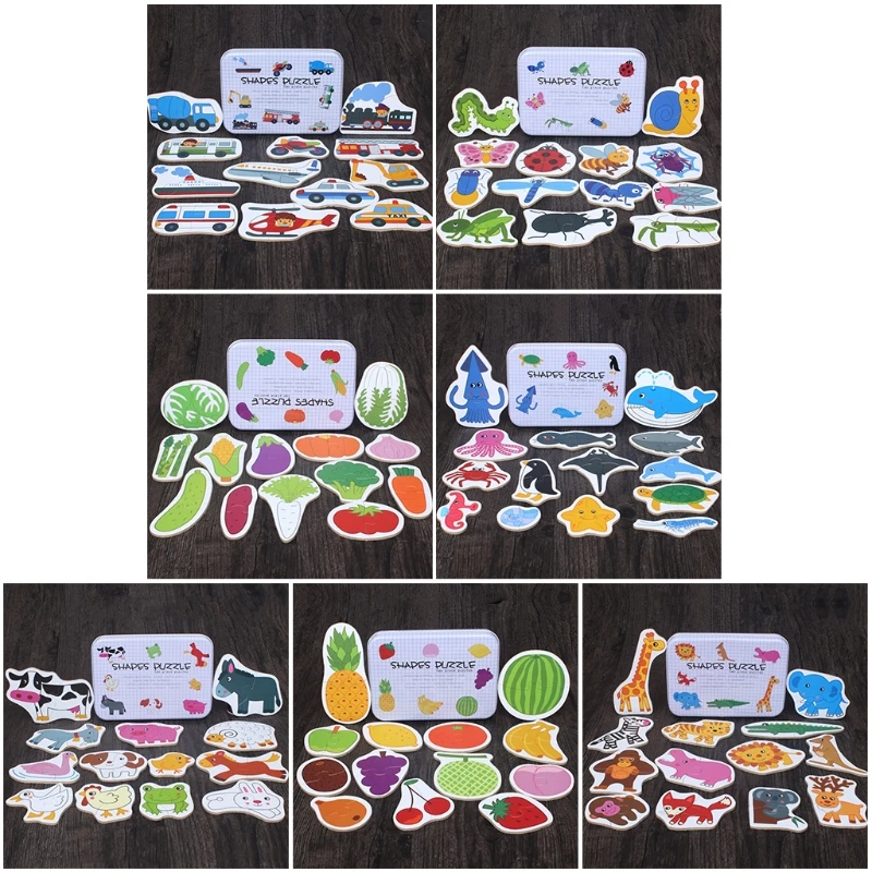 

Wooden Puzzle Cartoon Cognition Puzzle Box 3D Cutting Colorful Shape Sorting Tangram Educational Toy Gift for Preschool