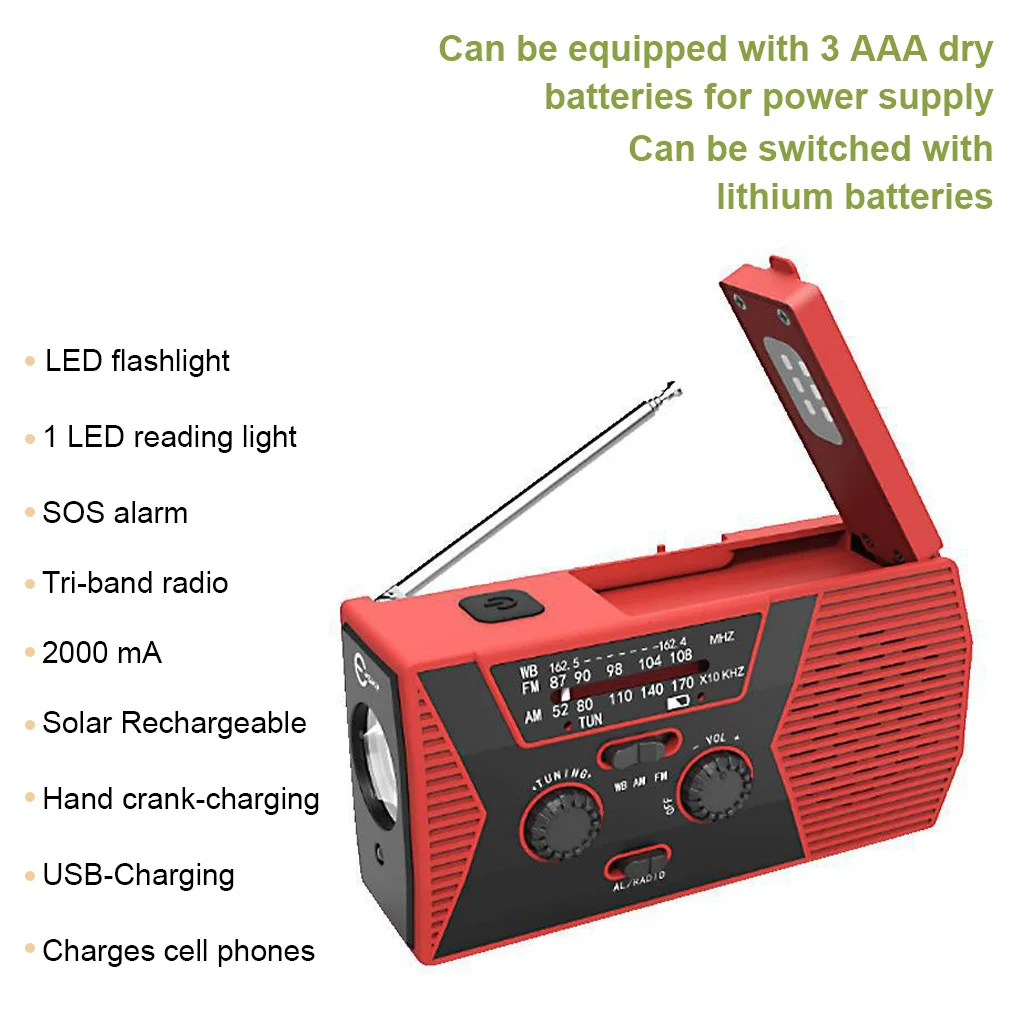 emergency solar power hand crank generator 2000mah bank amfm radio dynamo led flashlight phone charger free global shipping