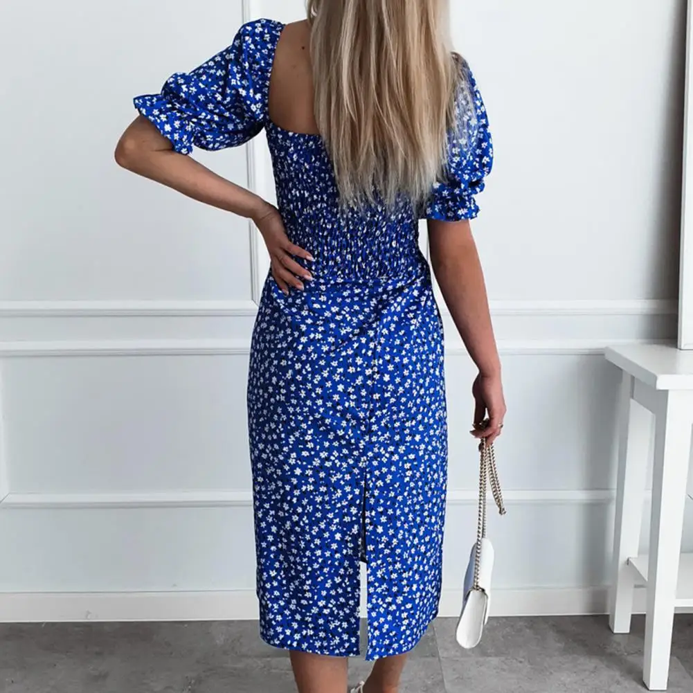 

Sweet Fashion Flower Print Tight Waist Summer Dress Split Party Dress Stretchy Bust Female Garment