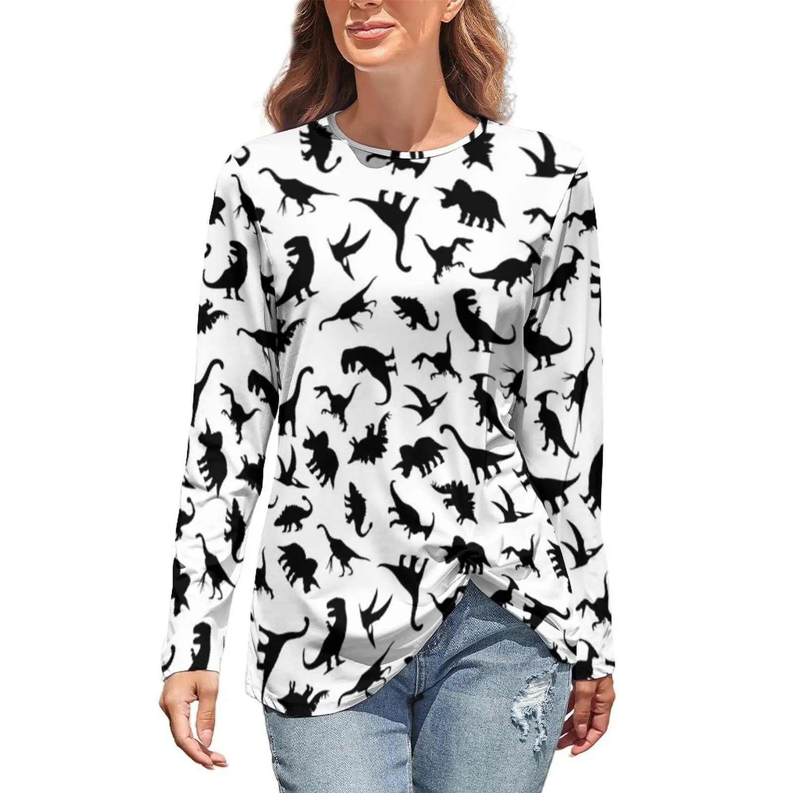 

Cute Dinosaurs Pattern T Shirts Black Dinos On White Raptor Trendy T-Shirt Long Sleeve Streetwear Tops Oversize Printed Clothes