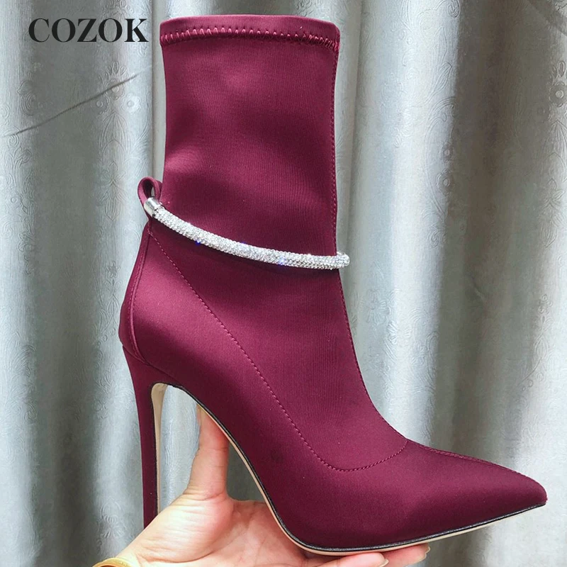 

Autumn Winter Sexy Pointed Toe Rhinestones Banquet Female Boots Custom Made Stretch Lycra Fashion Women's High Heel Short Boots