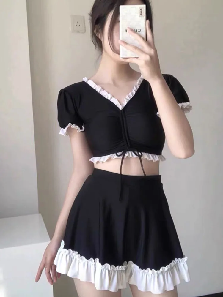 

2022 Korean Swimsuit Women Ruffle Bikini Sets Female Summer Conservative Split South Korea's High Waist Student Black Swimsuits
