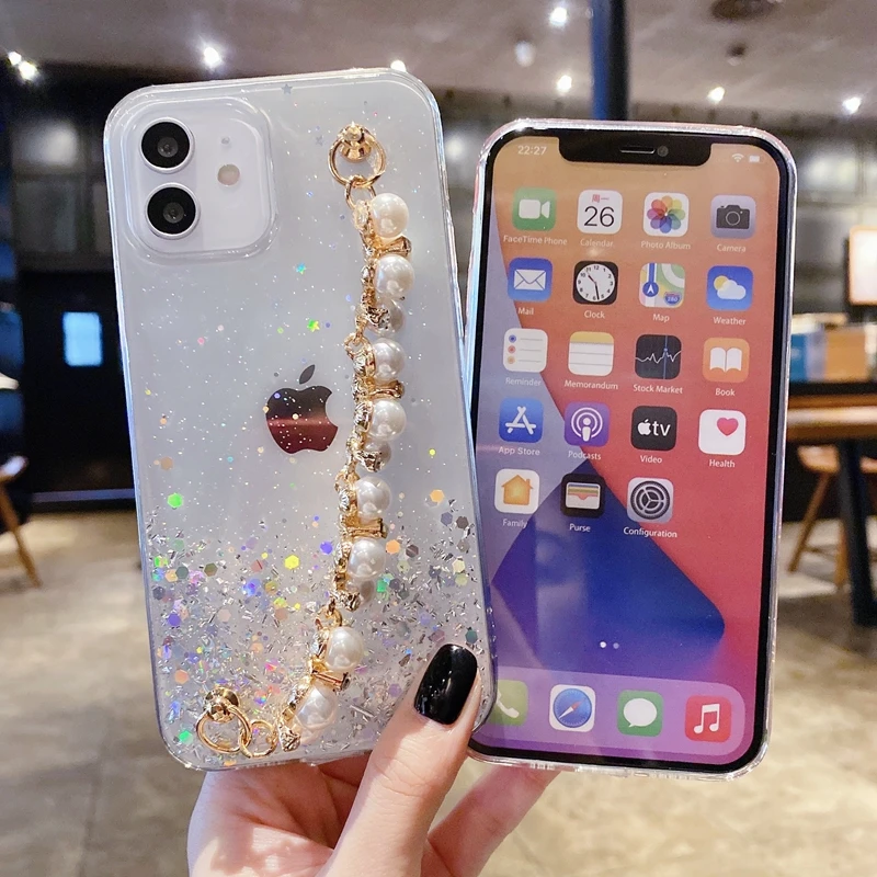 

Pearl Bracelet Phone Case For iPhone 14 13 12 11 Pro XS Max XR X 8 7 Plus SE 2022 2020 Glitter Sequin Soft TPU Cover