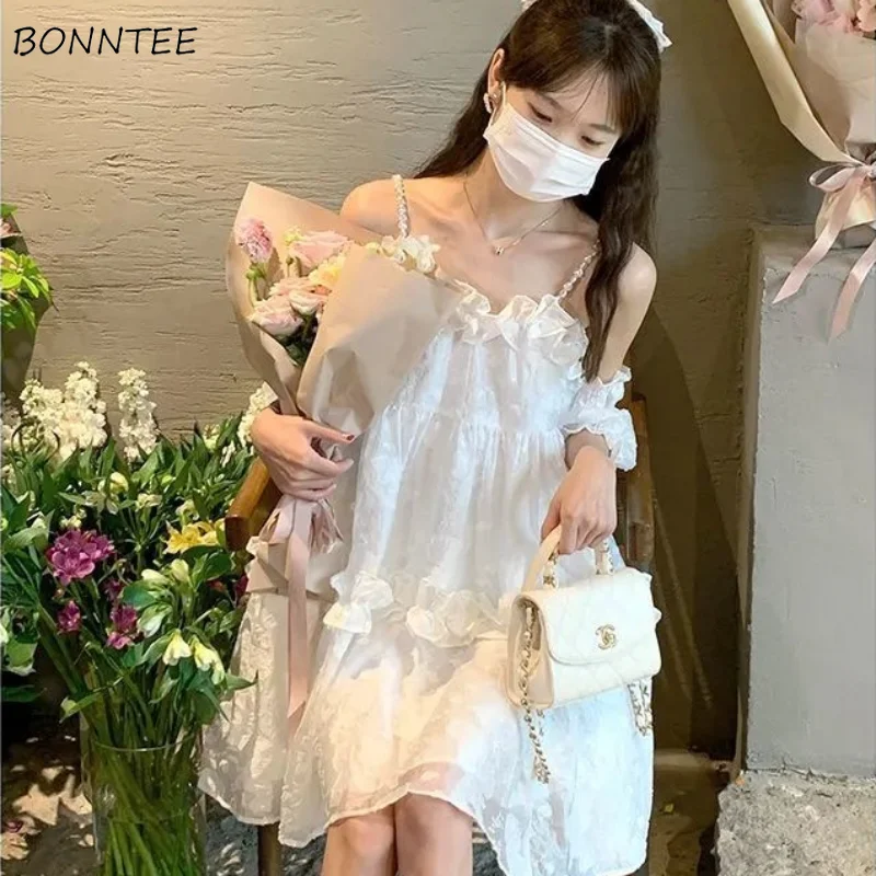 

Dress Women White Summer Classic Simple Elegant Puff Sleeve Princess Loose Yarn Knee-length Designed Chic Vestido Slash Neck