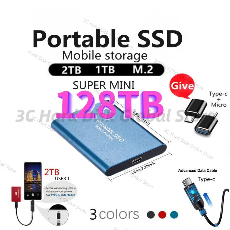 

128TB Original Portable SSD External Hard Drive High-speed Type-C/USB 3.1 Solid State Drive Hard Disk for Desktop/mac/Laptop