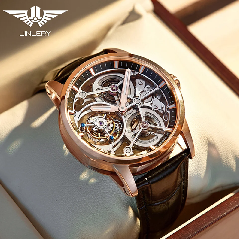 

JINLERY Real Tourbillon Watch for Men Manual Mechanical Watches Wristwatch Skeleton Luxury Watches Steel Strap Relogio Masculino