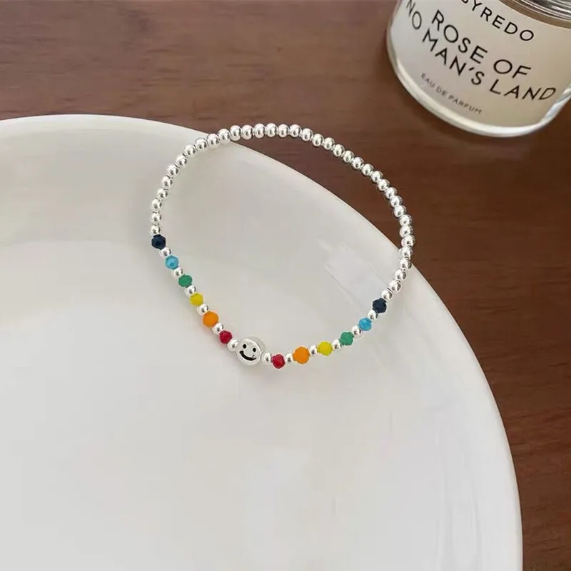 Fufengming Small Color String Rainbow Beaded Bracelet Girl S925 Sterling Silver Summer Versatile Wear Smiley Face Ha...