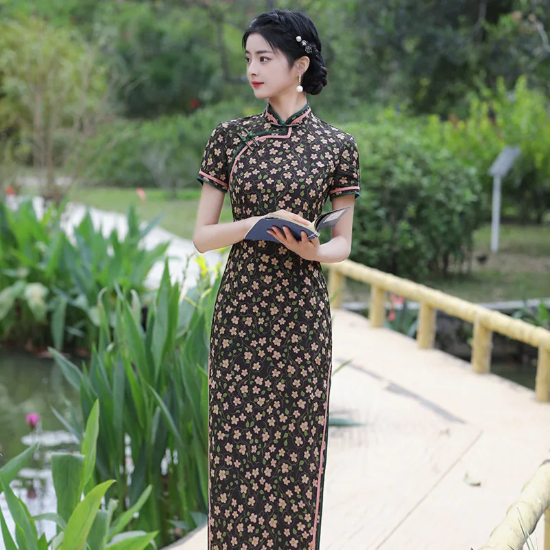 

Sheng Coco New Chinese Style Long Silk Black Green Flowers Shanghai Qipao Dresses Double Layer Long Girl Slim Oriental Cheongsam