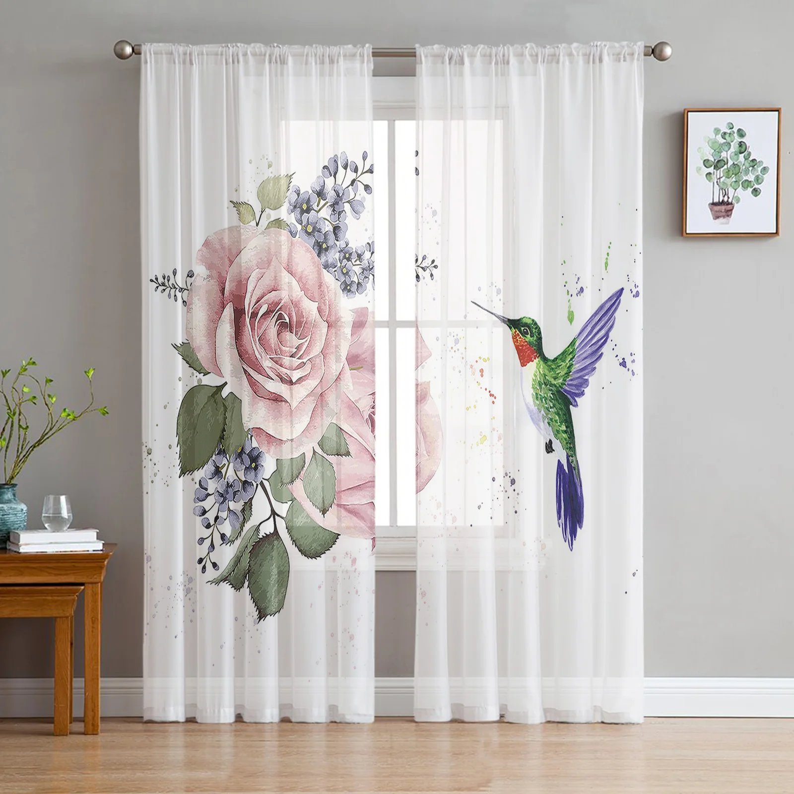 

Hummingbird Pink Flower White Tulle Curtains for Living Room Bedroom Decoration Transparent Chiffon Sheer Voile Window Curtain
