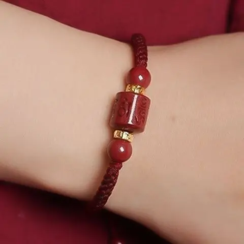 Handmade Adjustable Cinnabar Chinese Zodiac Bracelet with Six Word Mantra and Vajra Knot Lucky Charm Bracelets for Women and Men